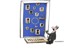 An illustration of a man at a blue door with the EU logo on it. The man is holding a key, and the door has lots of different keyholes.