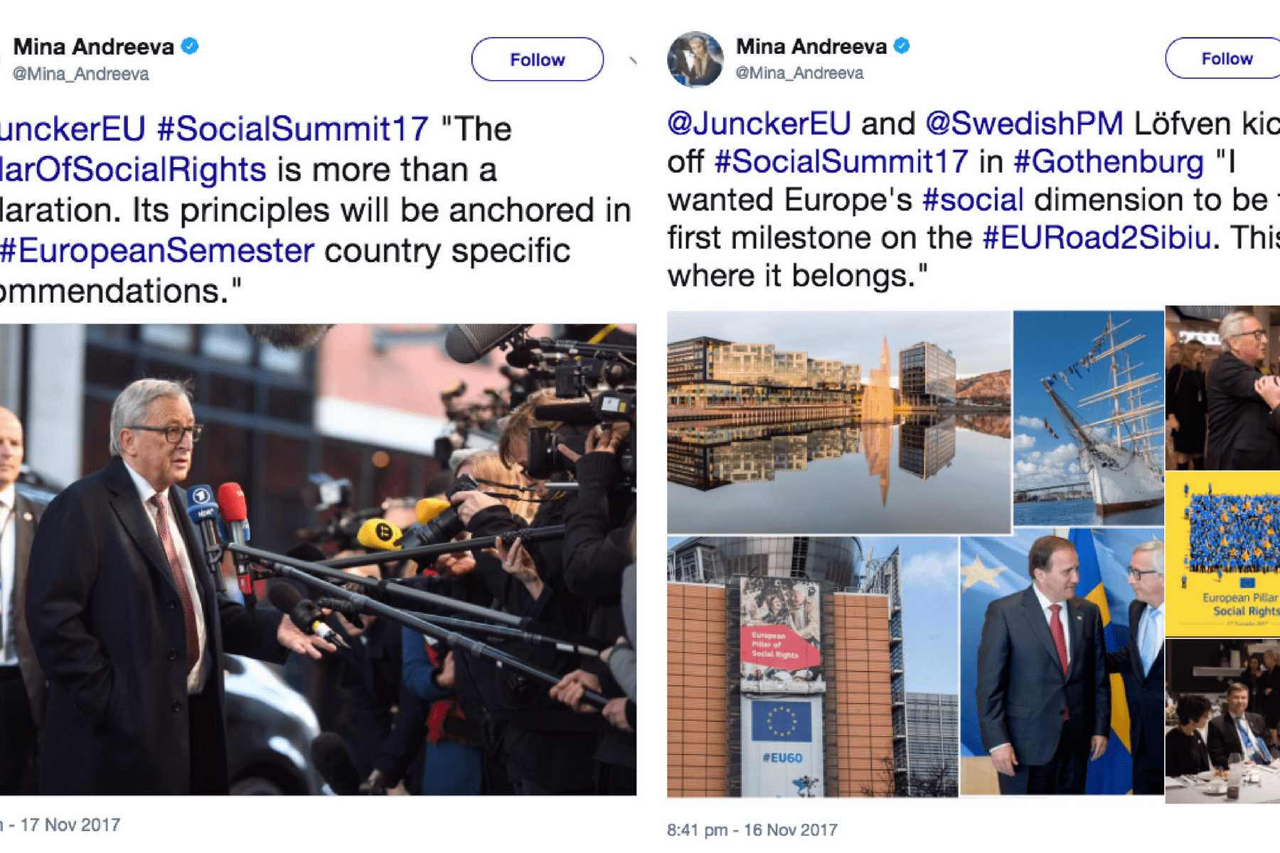 Two social media posts displayed side-by-side by Mina Andreeva, showing the text, hashtags and image
