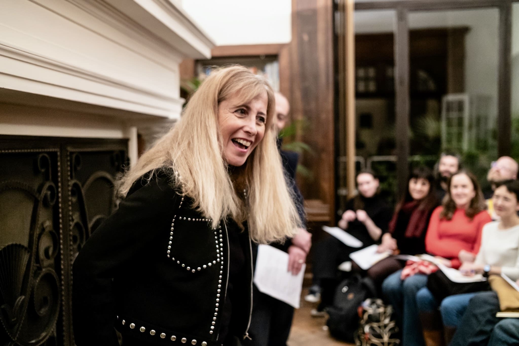 A teacher speaking at the Clear Europe Storytelling Masterclass in Brussels, Belgium